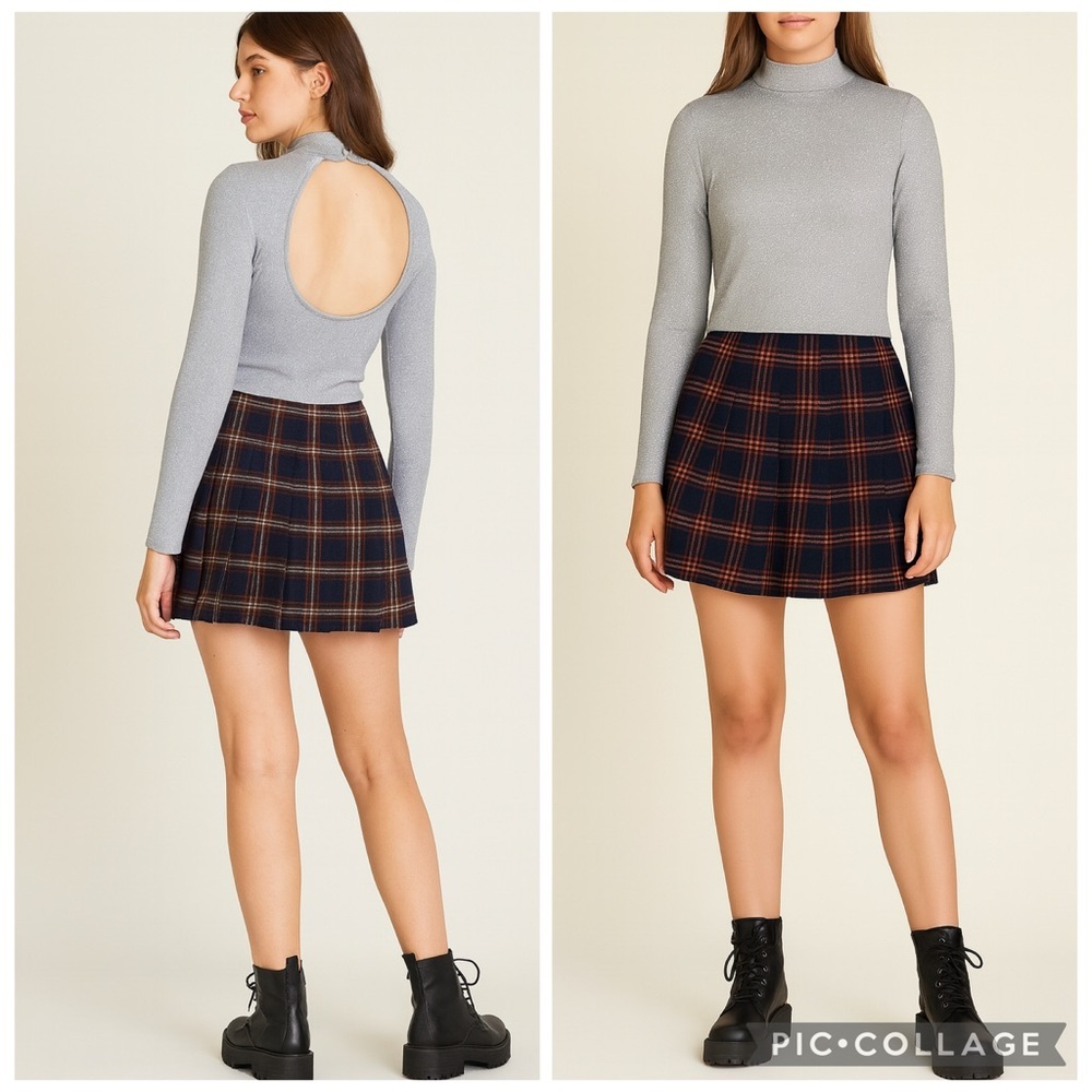 Elodie NWOT Sparkle Open Back Mock Neck Crop Top Long Sleeve Silver XL